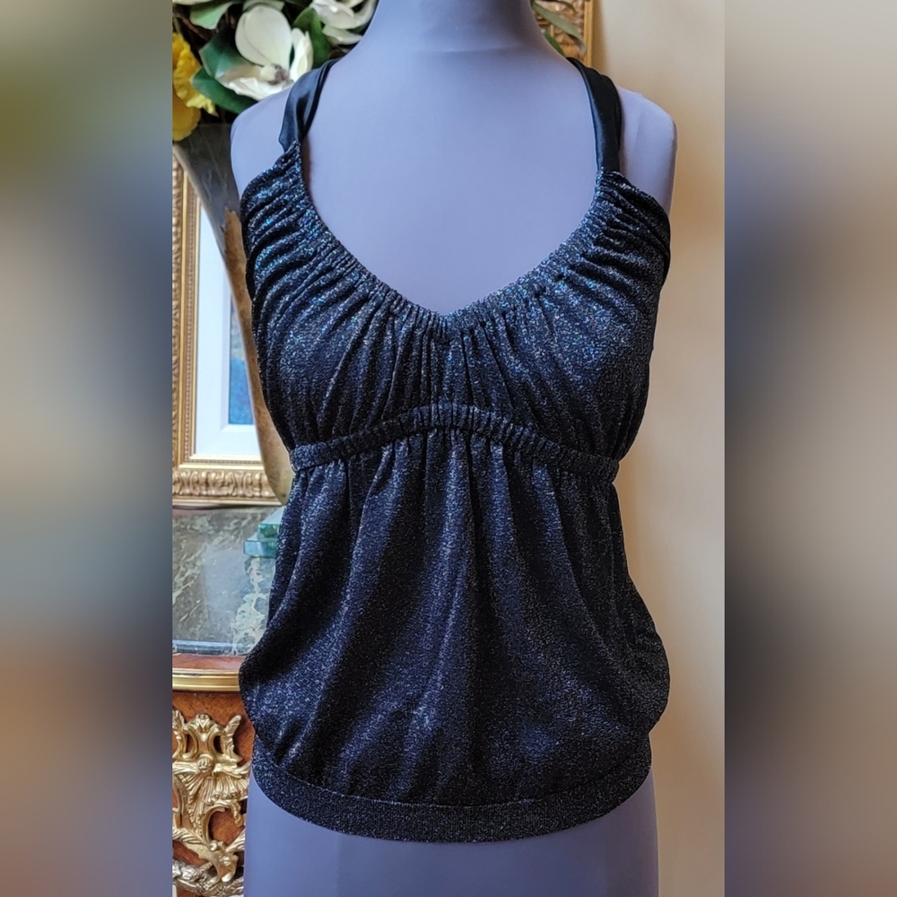 NWT $950 CHRISTIAN DIOR BLACK SILVER SPARKLE STRETCH HALTER TOP EVENING 42 10